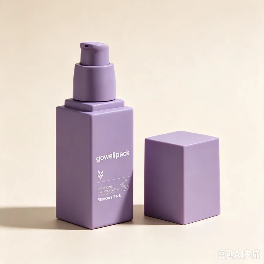 Square matte purple plastic bottle with lotion pump