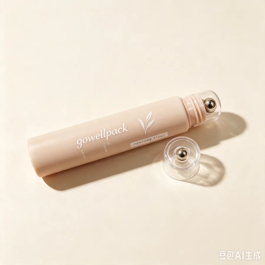 Matte pink cosmetic tube with metal rollerball applicator