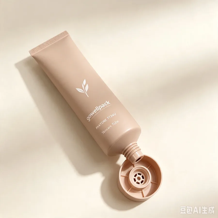 Matte beige skincare squeeze tube with screw cap