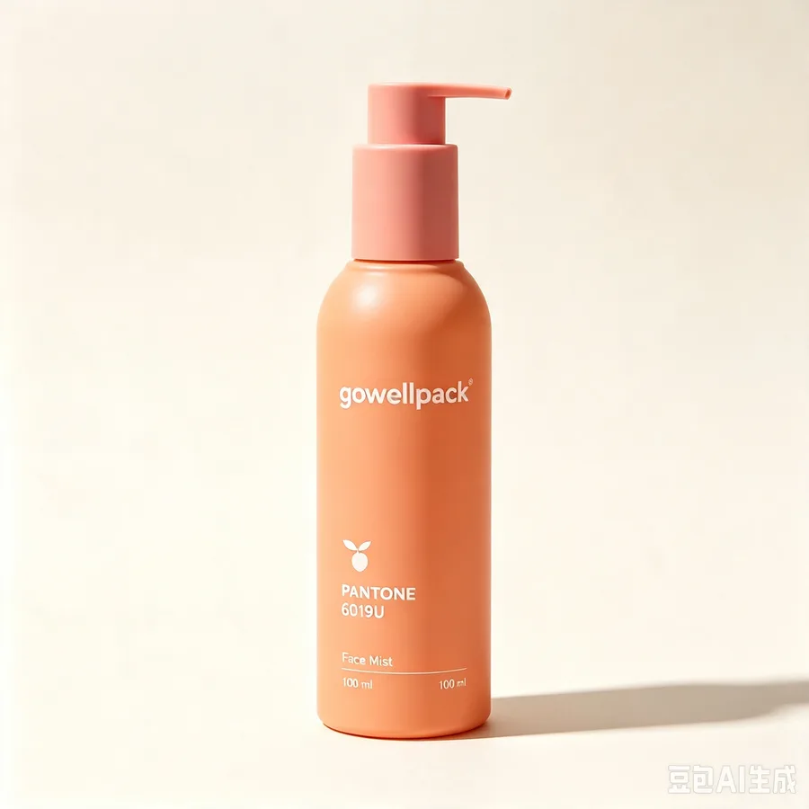 Matte peach cosmetic plastic bottle with pink pump