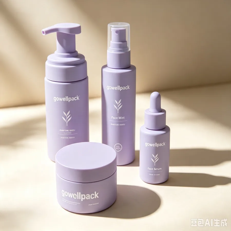 Matte purple skincare bottle and jar packaging set