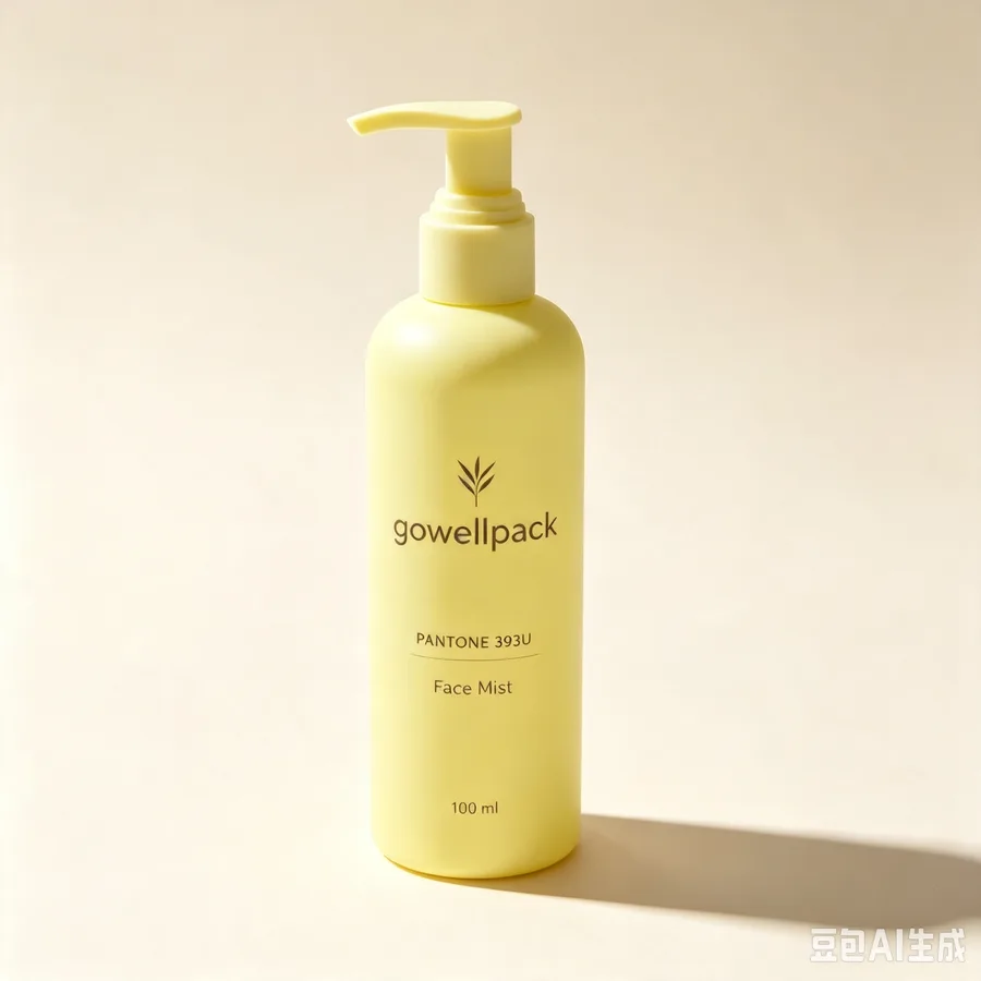 Matte pale yellow plastic bottle with pump dispenser